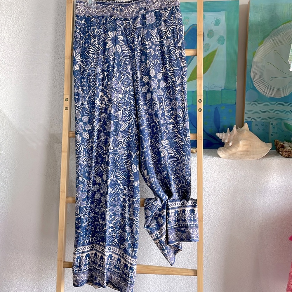 Sigrid Olsen Signature Palazzo Pants Tropical Print Blue Combo Size Small